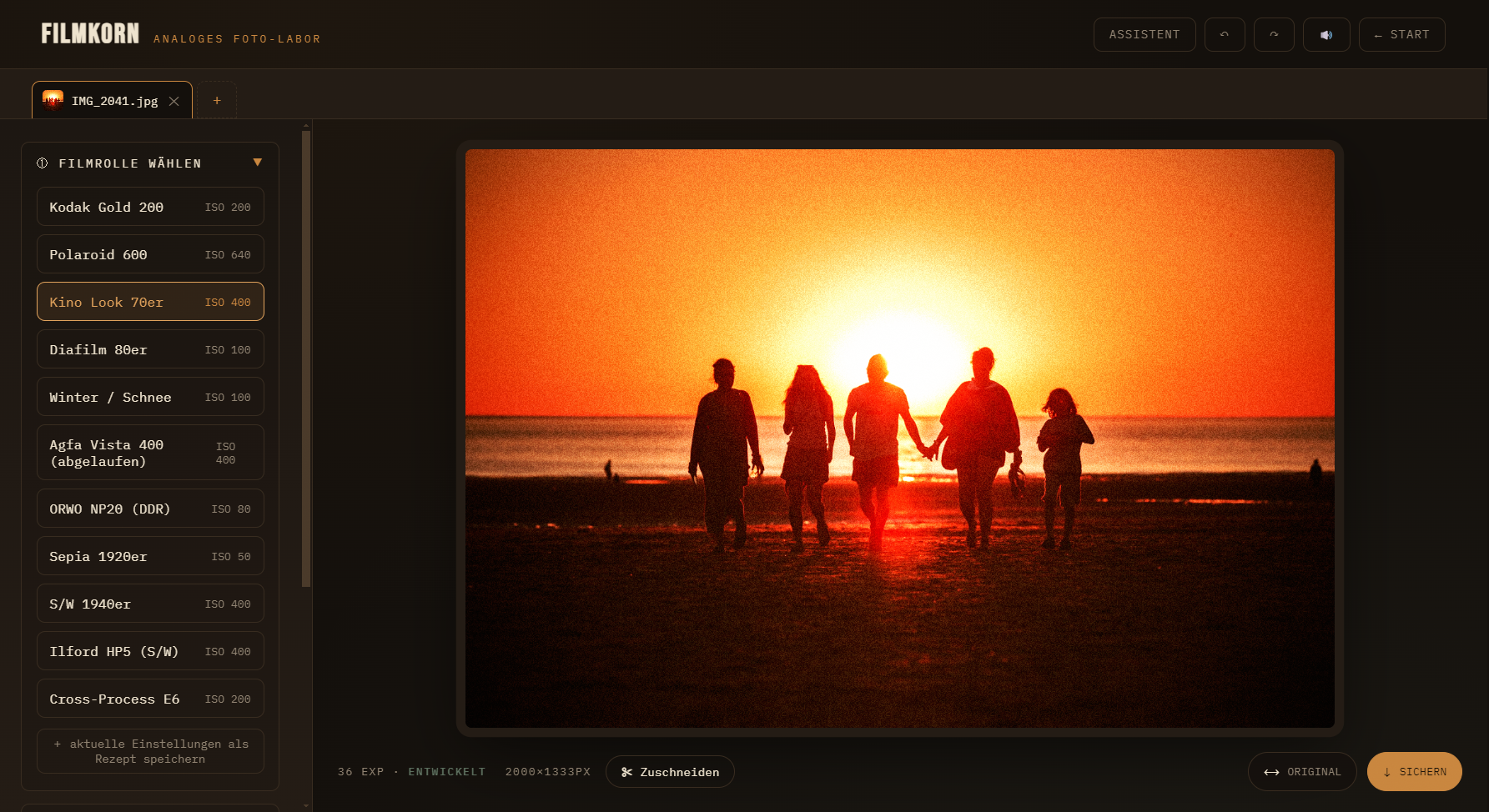 Filmkorn unter Windows: links die Filmliste, rechts ein Strandfoto mit Kino Look 70er